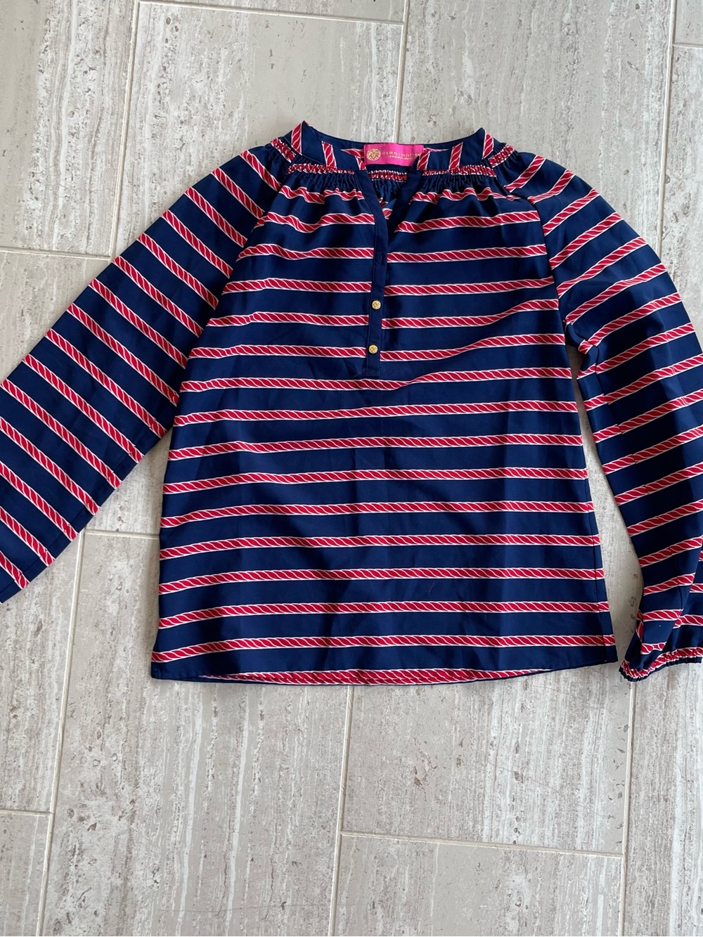 Macbeth Collection by Margaret Josephs Navy and Red Striped Long Sleeve Blouse